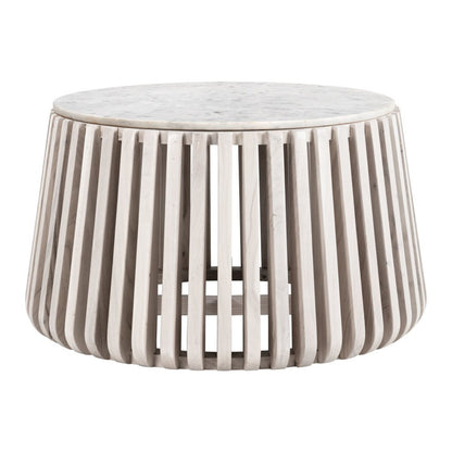34" White and Natural Genuine Marble and Wood Round Drum Coffee Table