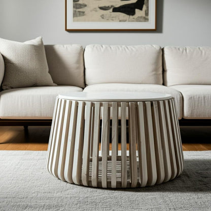 34" White and Natural Genuine Marble and Wood Round Drum Coffee Table