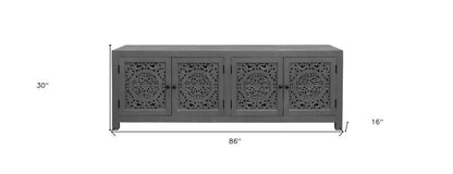 86" Dark Gray Carved Floral Distressed Solid Wood Enclosed Storage TV Stand