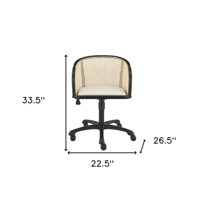 Beige and Black Solid Wood Steel And Cane Rattan Adjustable Swivel Rolling Office Chair