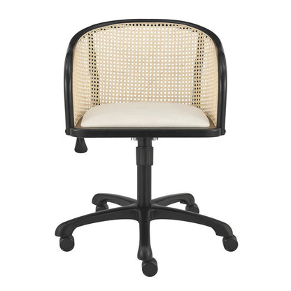 Beige and Black Solid Wood Steel And Cane Rattan Adjustable Swivel Rolling Office Chair