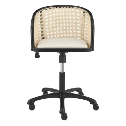 Beige and Black Solid Wood Steel And Cane Rattan Adjustable Swivel Rolling Office Chair