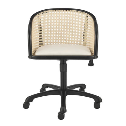 Beige and Black Solid Wood Steel And Cane Rattan Adjustable Swivel Rolling Office Chair