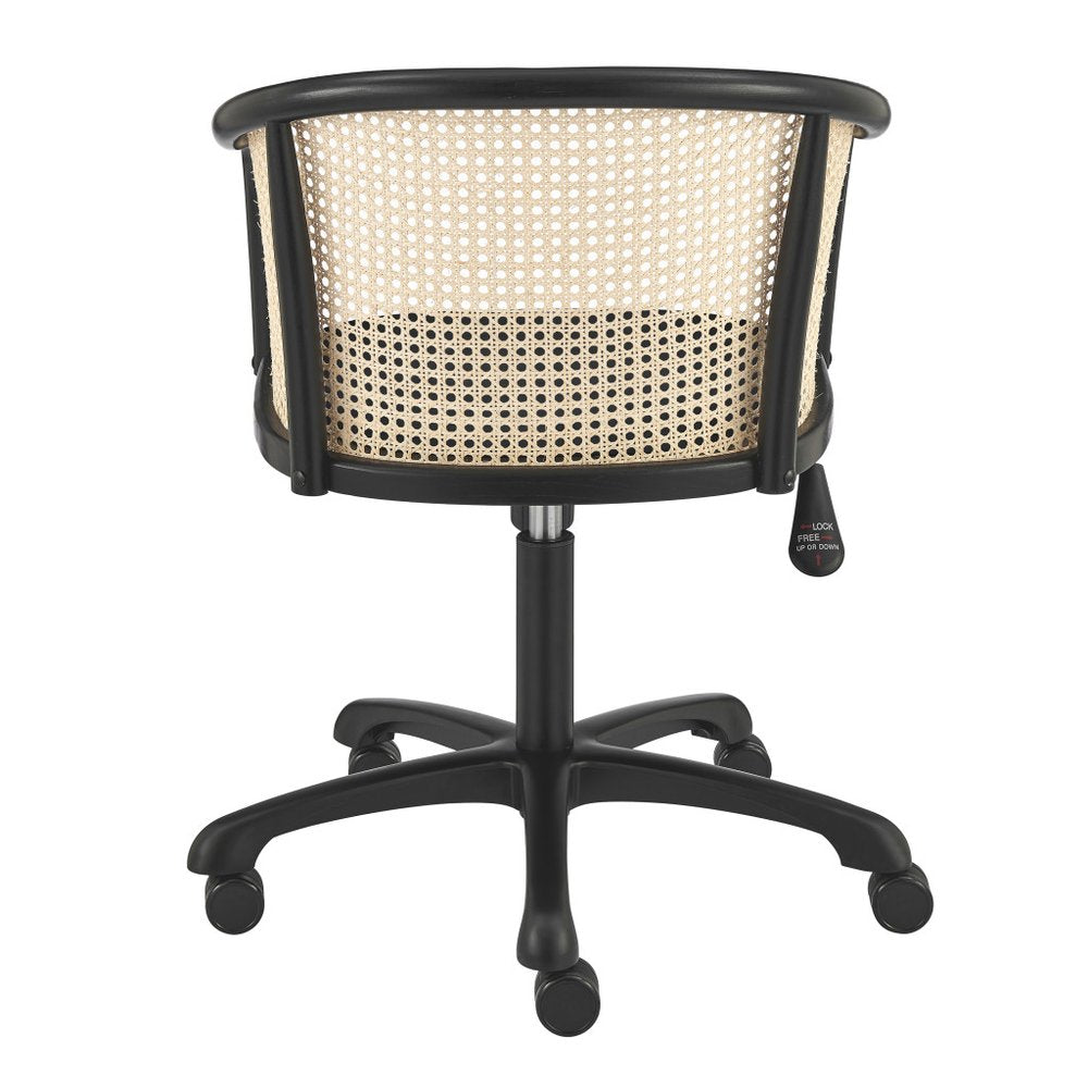 Beige and Black Solid Wood Steel And Cane Rattan Adjustable Swivel Rolling Office Chair