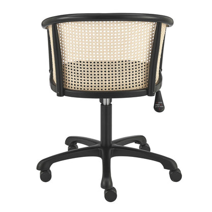 Beige and Black Solid Wood Steel And Cane Rattan Adjustable Swivel Rolling Office Chair