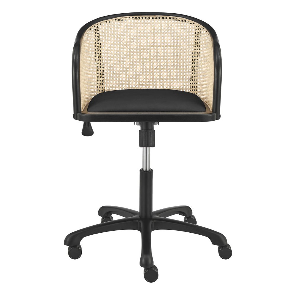 Beige and Black Solid Wood Steel And Cane Rattan Adjustable Swivel Rolling Office Chair