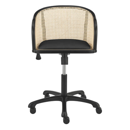 Beige and Black Solid Wood Steel And Cane Rattan Adjustable Swivel Rolling Office Chair