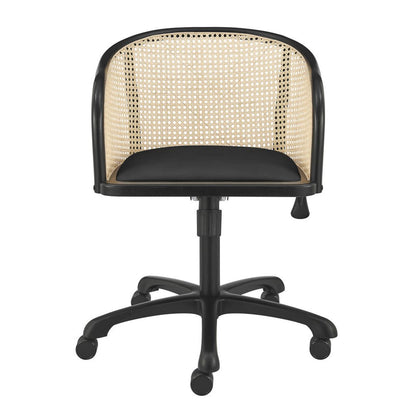 Beige and Black Solid Wood Steel And Cane Rattan Adjustable Swivel Rolling Office Chair
