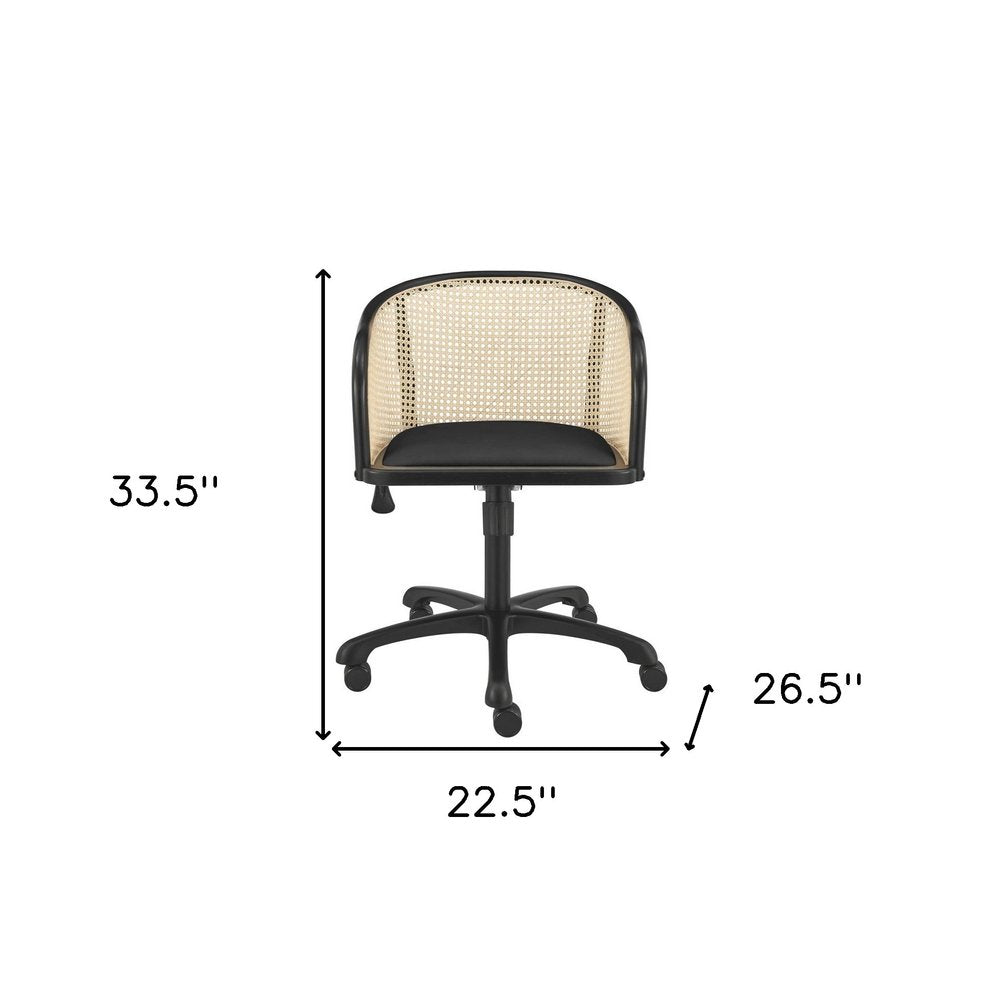 Beige and Black Solid Wood Steel And Cane Rattan Adjustable Swivel Rolling Office Chair
