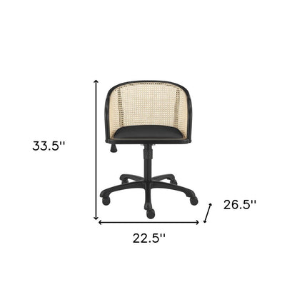 Beige and Black Solid Wood Steel And Cane Rattan Adjustable Swivel Rolling Office Chair