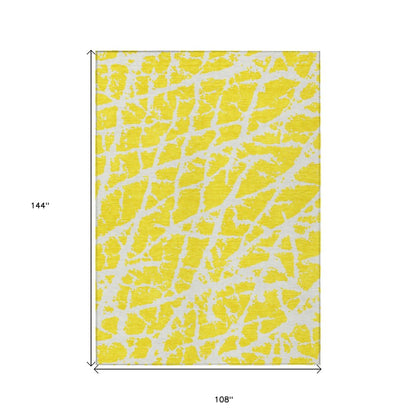 9' X 12' Yellow and White Abstract Washable Non Skid Indoor Outdoor Area Rug
