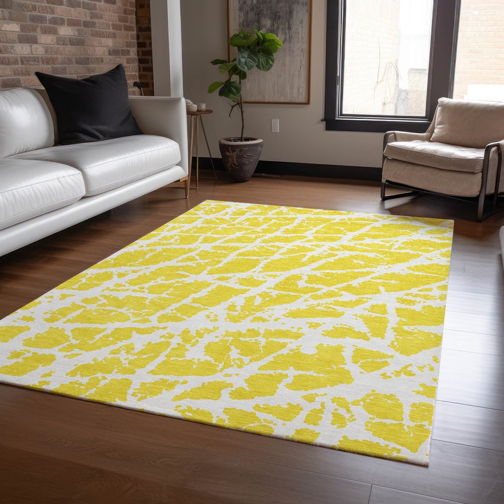 9' X 12' Yellow and White Abstract Washable Non Skid Indoor Outdoor Area Rug