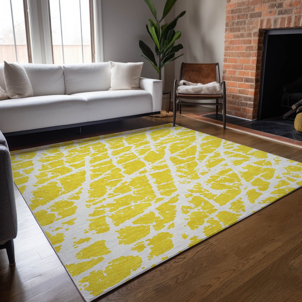 9' X 12' Yellow and White Abstract Washable Non Skid Indoor Outdoor Area Rug