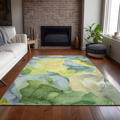 9' X 12' Yellow Abstract Washable Non Skid Indoor Outdoor Area Rug