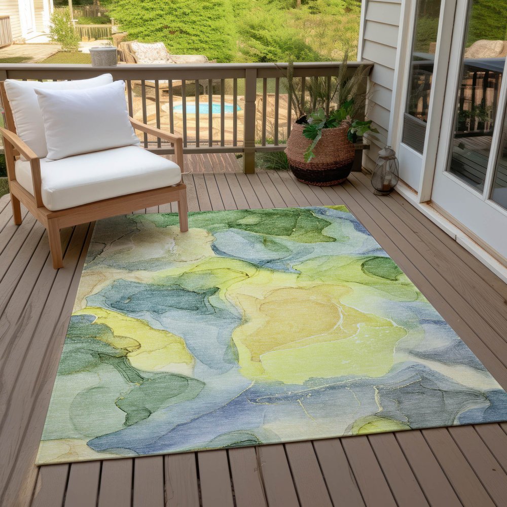 9' X 12' Yellow Abstract Washable Non Skid Indoor Outdoor Area Rug
