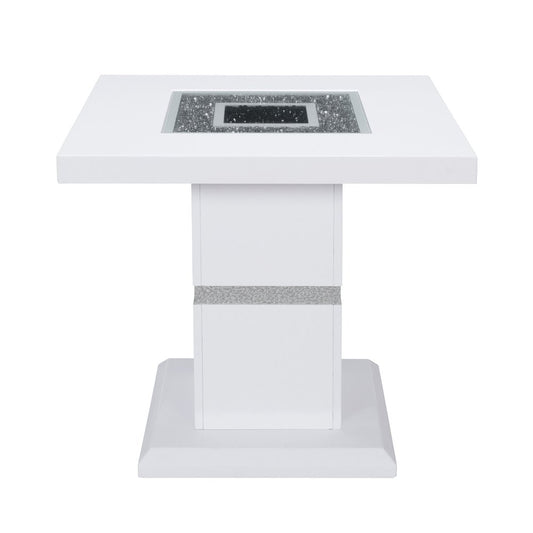 24" White and Silver Glass and Wood Faux Crystal Bling Square Pedestal End Table