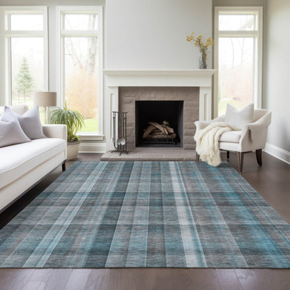 9' X 12' Teal Plaid Washable Non Skid Indoor Outdoor Area Rug