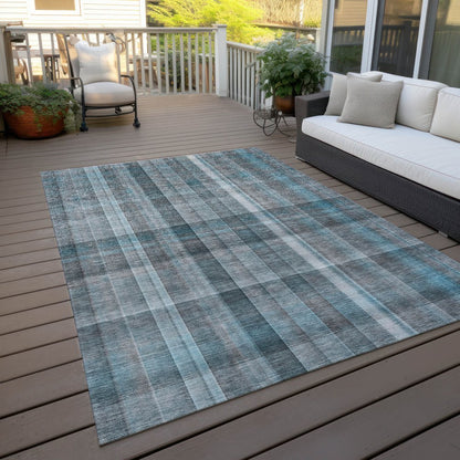 9' X 12' Teal Plaid Washable Non Skid Indoor Outdoor Area Rug