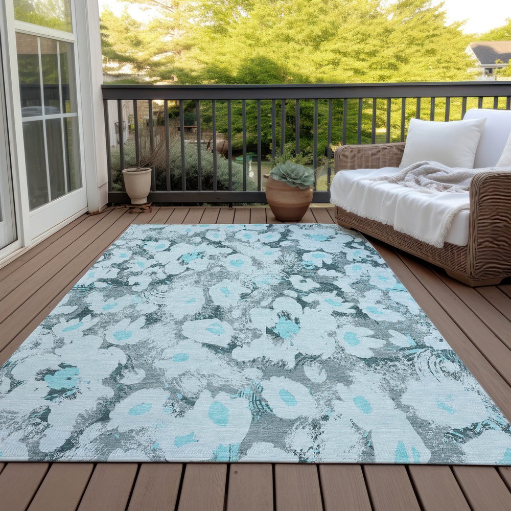 9' X 12' Teal Floral Washable Non Skid Indoor Outdoor Area Rug