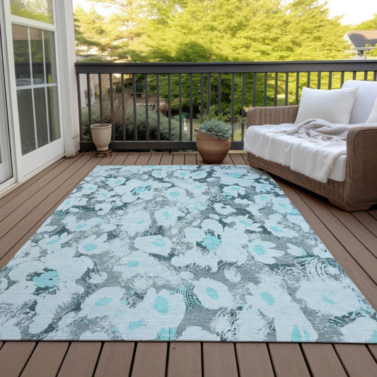 9' X 12' Teal Floral Washable Non Skid Indoor Outdoor Area Rug