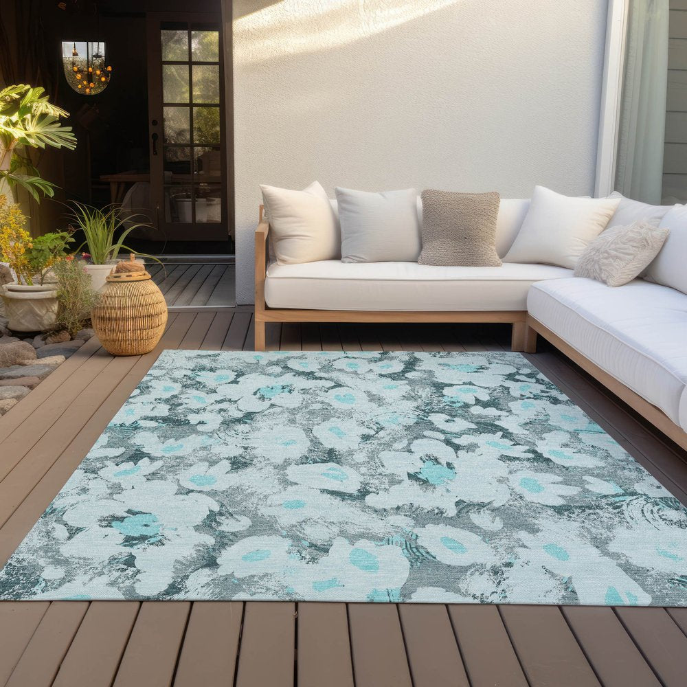 9' X 12' Teal Floral Washable Non Skid Indoor Outdoor Area Rug