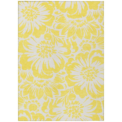 9' X 12' Yellow and Ivory Floral Washable Non Skid Indoor Outdoor Area Rug