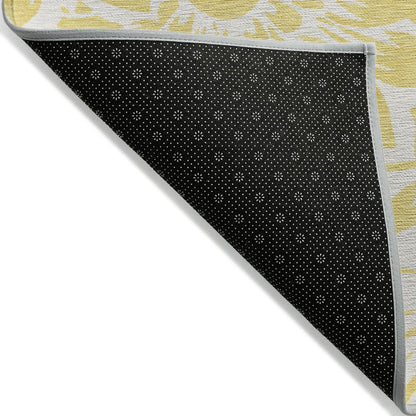 9' X 12' Yellow and Ivory Floral Washable Non Skid Indoor Outdoor Area Rug