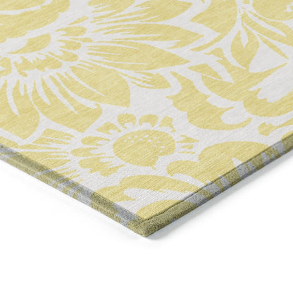 9' X 12' Yellow and Ivory Floral Washable Non Skid Indoor Outdoor Area Rug