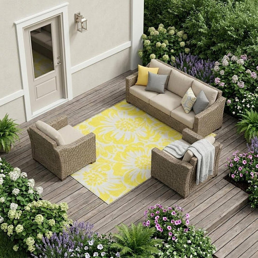 9' X 12' Yellow and Ivory Floral Washable Non Skid Indoor Outdoor Area Rug