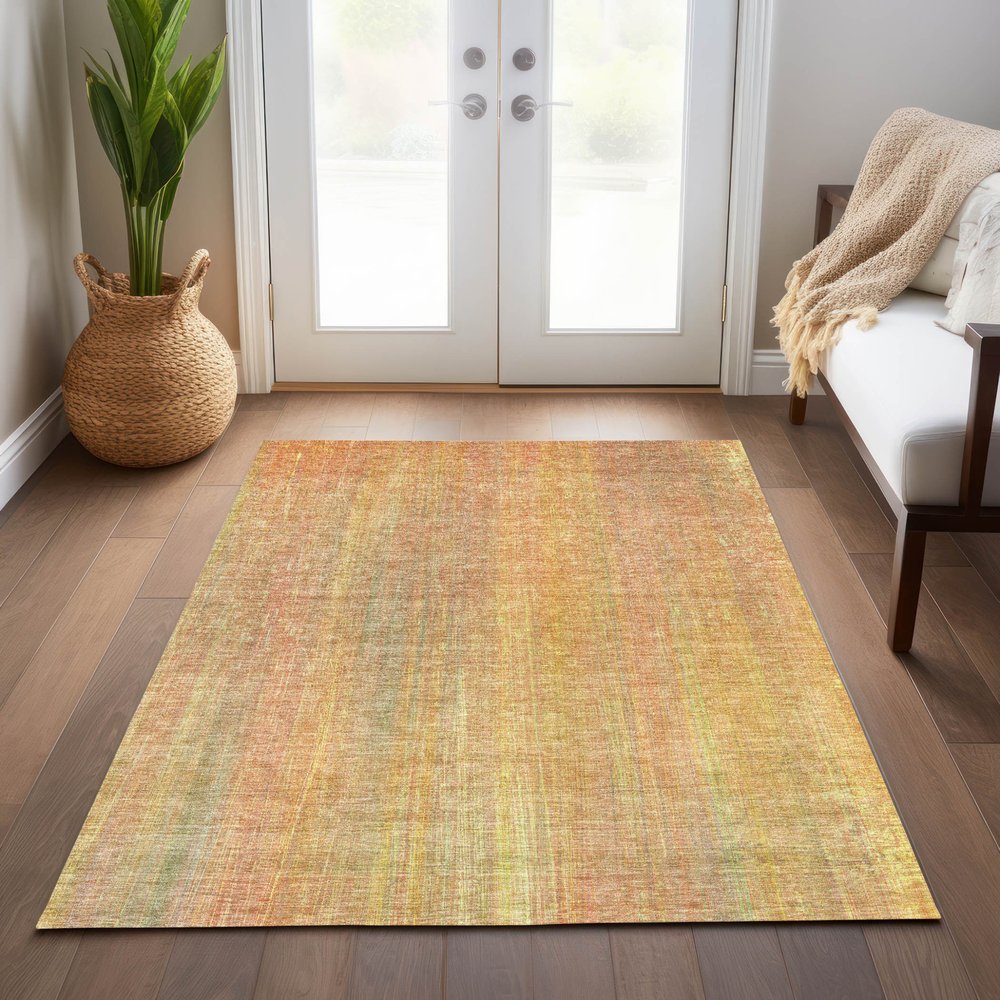 9' X 12' Yellow and Orange Striped Washable Non Skid Indoor Outdoor Area Rug
