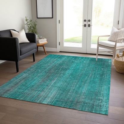 9' X 12' Teal Striped Washable Non Skid Indoor Outdoor Area Rug
