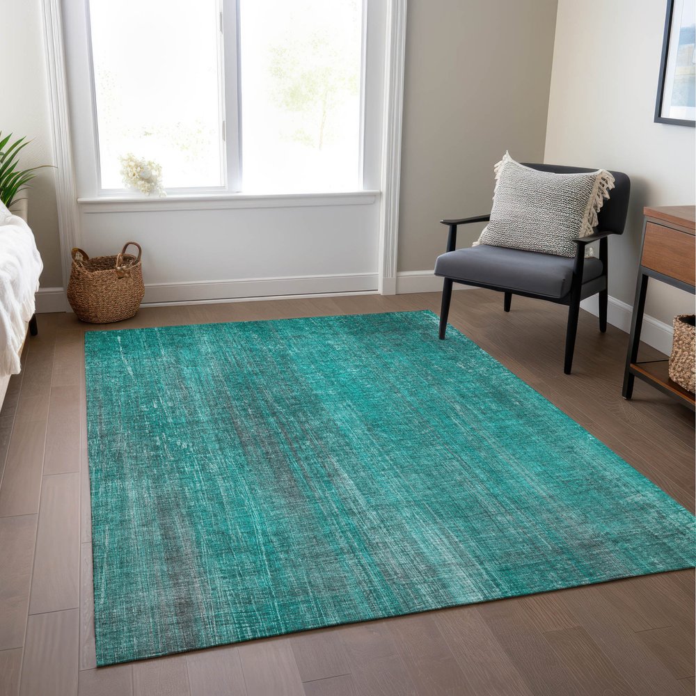 9' X 12' Teal Striped Washable Non Skid Indoor Outdoor Area Rug