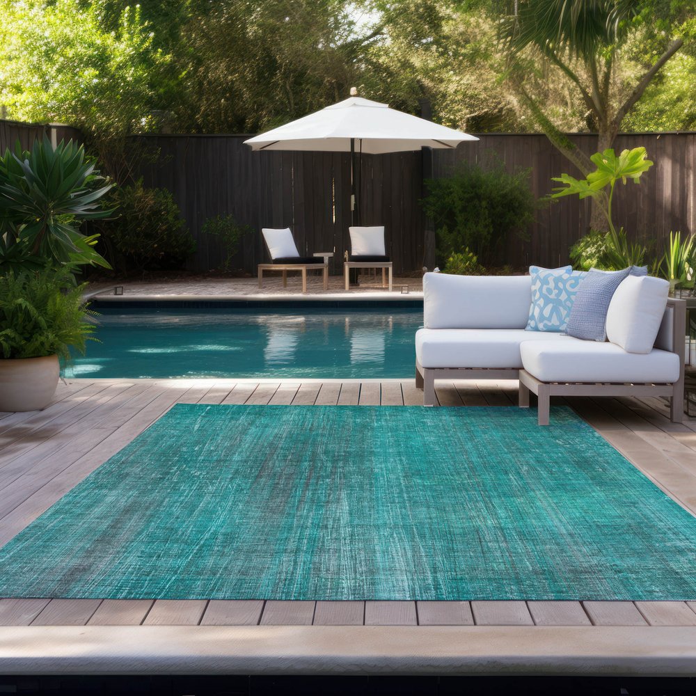 9' X 12' Teal Striped Washable Non Skid Indoor Outdoor Area Rug