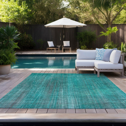 9' X 12' Teal Striped Washable Non Skid Indoor Outdoor Area Rug