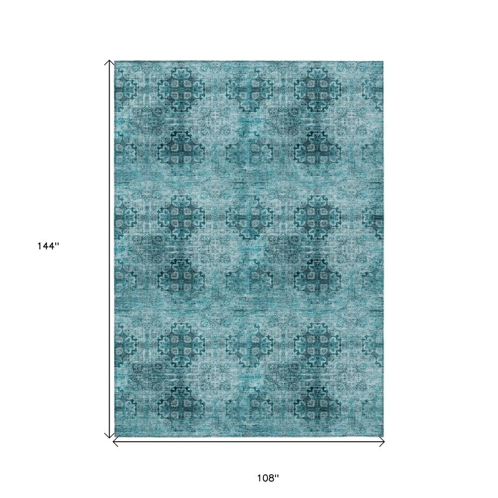 9' X 12' Teal Floral Medallion Washable Non Skid Indoor Outdoor Area Rug
