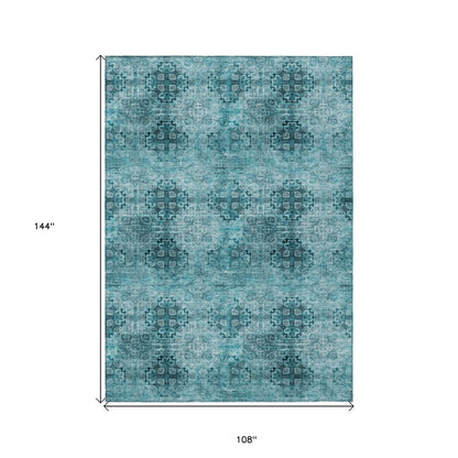 9' X 12' Teal Floral Medallion Washable Non Skid Indoor Outdoor Area Rug