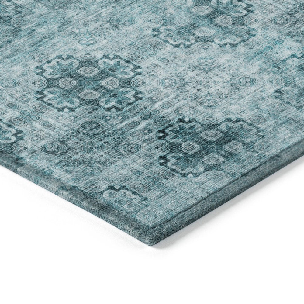 9' X 12' Teal Floral Medallion Washable Non Skid Indoor Outdoor Area Rug