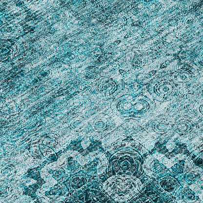9' X 12' Teal Floral Medallion Washable Non Skid Indoor Outdoor Area Rug