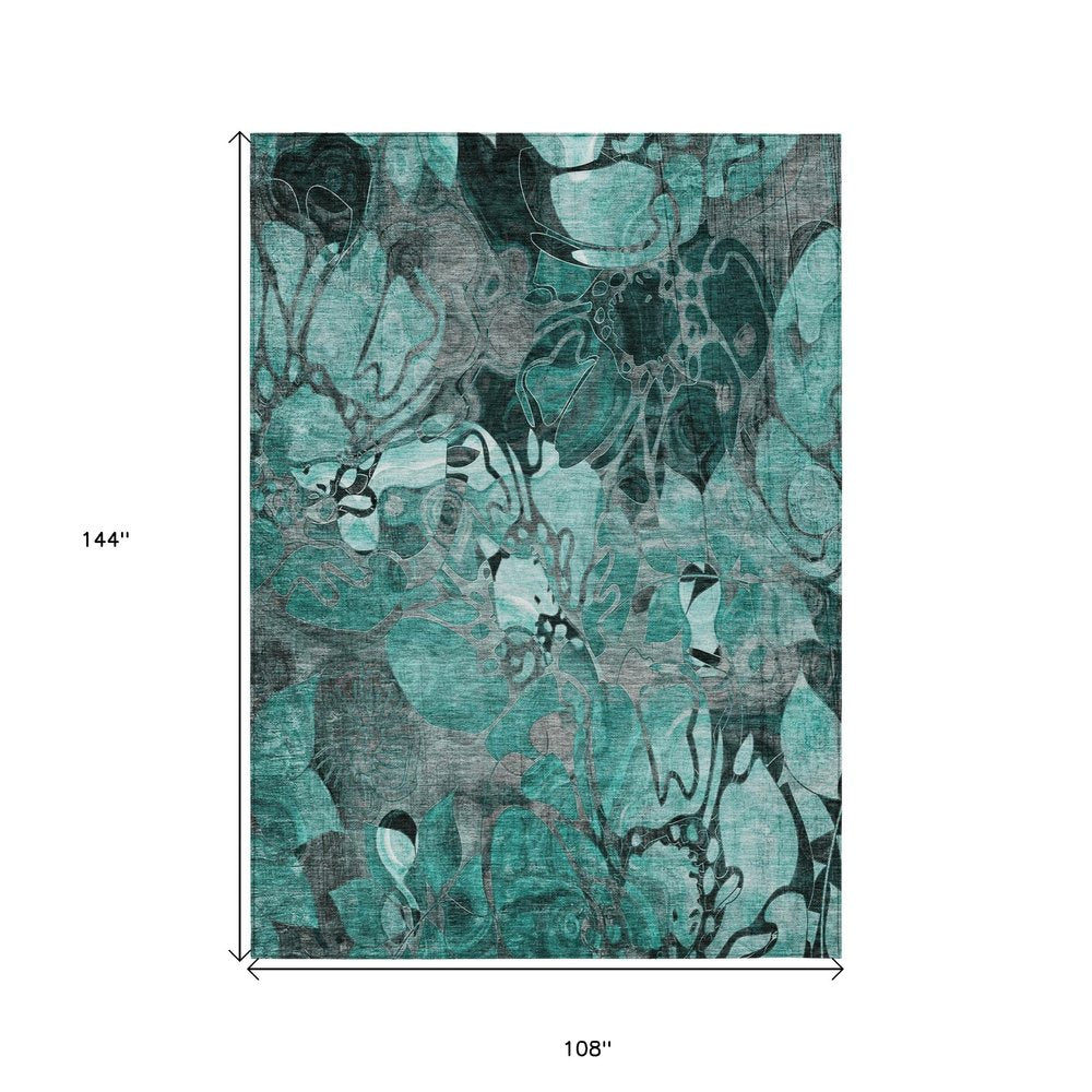9' X 12' Teal Blue Black And Gray Abstract Washable Indoor Outdoor Area Rug
