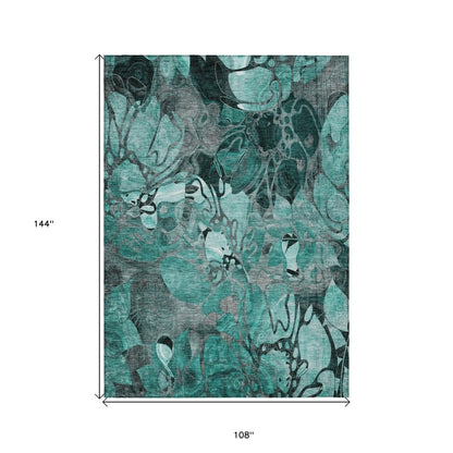 9' X 12' Teal Blue Black And Gray Abstract Washable Indoor Outdoor Area Rug
