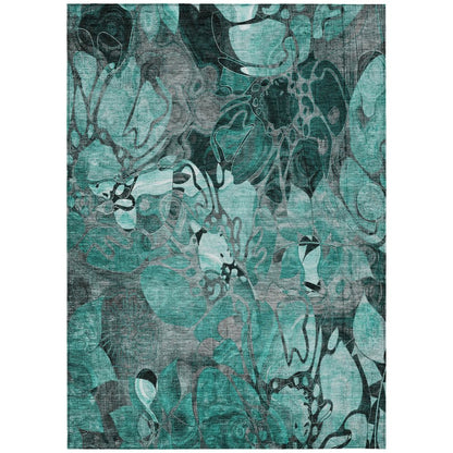 9' X 12' Teal Blue Black And Gray Abstract Washable Indoor Outdoor Area Rug