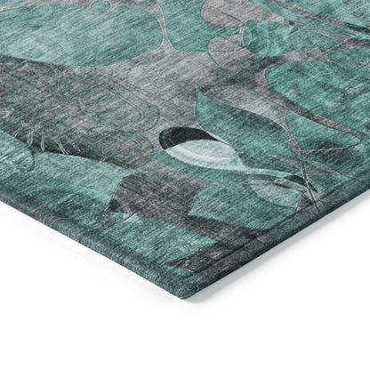 9' X 12' Teal Blue Black And Gray Abstract Washable Indoor Outdoor Area Rug