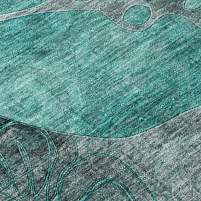 9' X 12' Teal Blue Black And Gray Abstract Washable Indoor Outdoor Area Rug