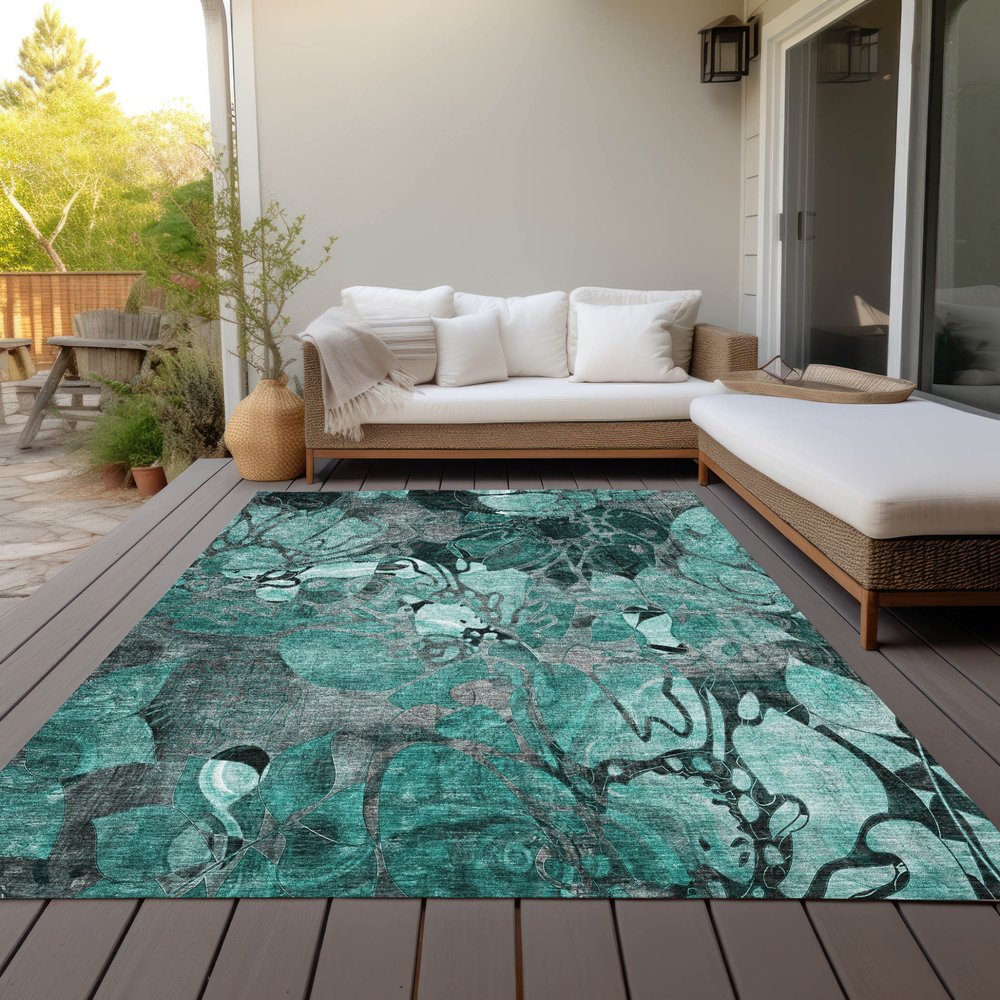 9' X 12' Teal Blue Black And Gray Abstract Washable Indoor Outdoor Area Rug
