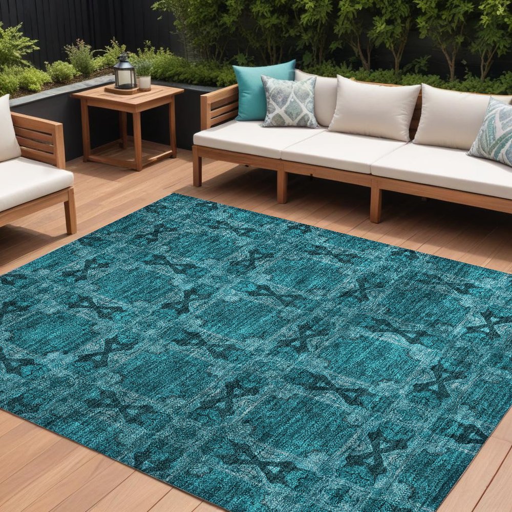 9' X 12' Teal Floral Medallion Washable Non Skid Indoor Outdoor Area Rug