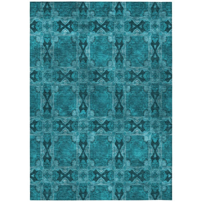 9' X 12' Teal Floral Medallion Washable Non Skid Indoor Outdoor Area Rug