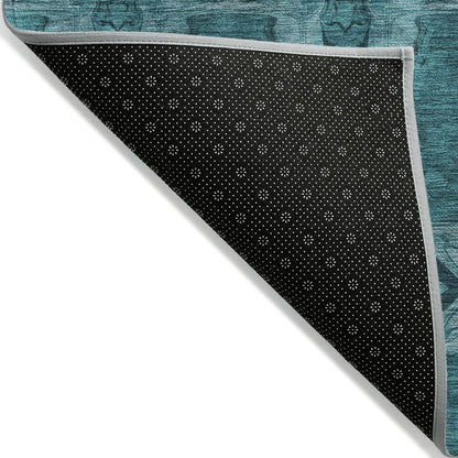 9' X 12' Teal Floral Medallion Washable Non Skid Indoor Outdoor Area Rug