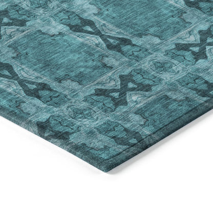 9' X 12' Teal Floral Medallion Washable Non Skid Indoor Outdoor Area Rug
