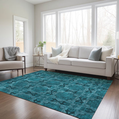 9' X 12' Teal Floral Medallion Washable Non Skid Indoor Outdoor Area Rug