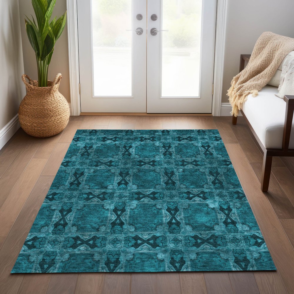 9' X 12' Teal Floral Medallion Washable Non Skid Indoor Outdoor Area Rug